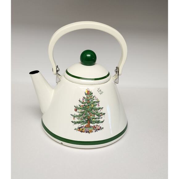 Spode 'Christmas Tree' 2.5 Quart Porcelain Enamel on Steel Tea Kettle/Pot Green - Picture 1 of 14